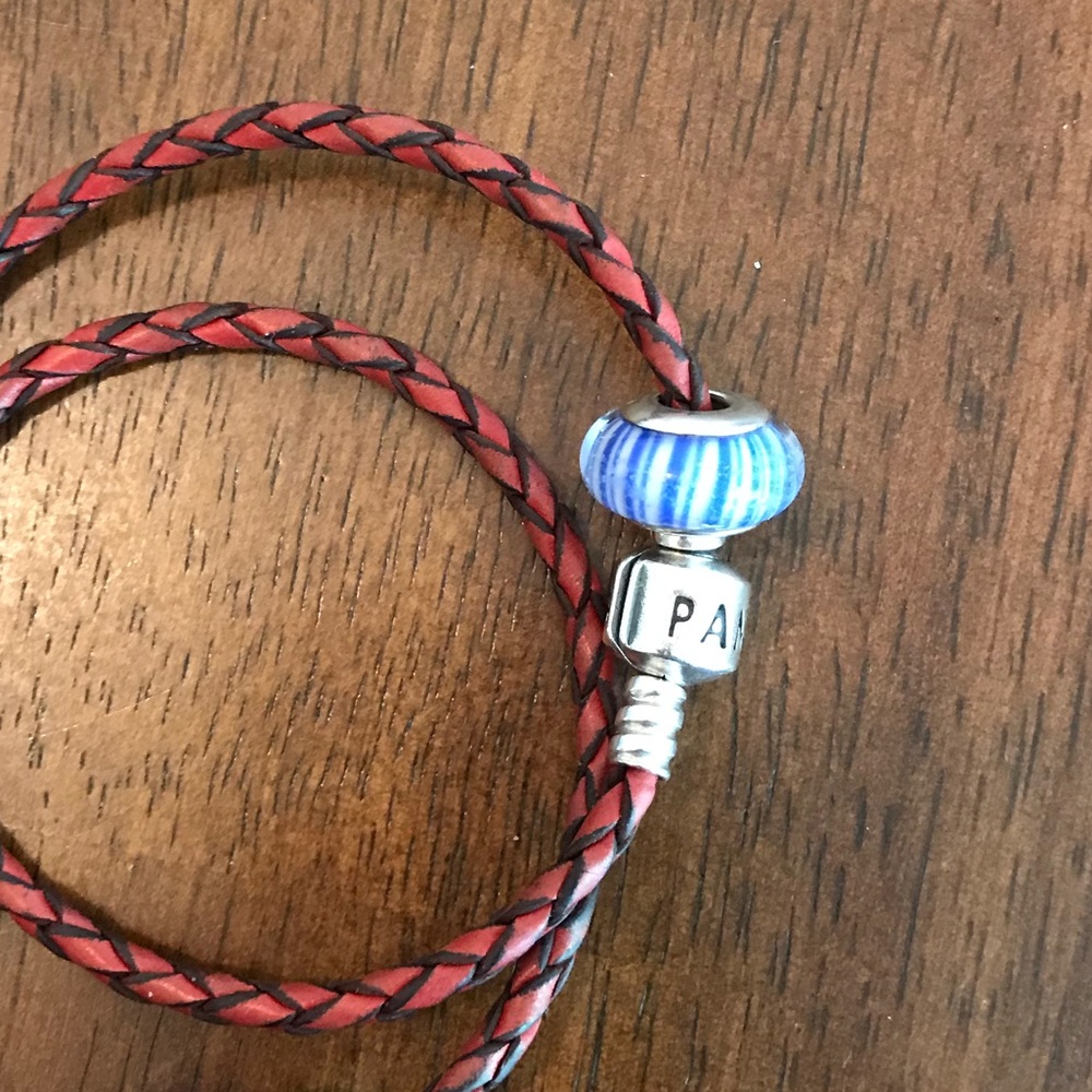 Pandora Blue/Silver Stripe Charm, Murano Glass
